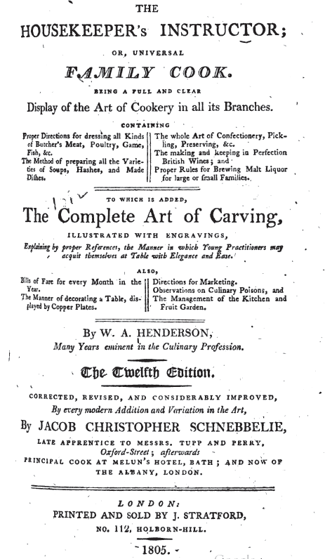 Title Page of book:
THE HOUSEKEEPER'S INSTRUCTOR; OR, UNIVERSAL FAMILY COOK.
Being a Full and Clear Display of the Art of Cookery in all its Branches.
Containing Proper Directions for dressing all Kinds of Butcher's Meat, Poultry, Game, Fish, &c. The Method of preparing all the Varieties of Soups, Hashes, and Made Dishes. The whole Art of Confectionary, Pickling, Preserving, &c. The making and keeping in Perfection British Wines; and Proper Rules for Brewing Malt Liquor for large or small Families.
To which is added, The Complete Art of Carving, illustrated with engravings, Explaining by proper References, the Manner in which Young Practitioners may acquit themselves at Table with Elegance and Ease.
Also, Bills of Fare for every Month in the Year. The Manner of decorating a Table, displayed by Copper Plates. Directions for Marketing. Observations on Culinary Poisons, and The Management of the Kitchen and Fruit Garden.
By W. A. Henderson, Many Years eminent in the Culinary Profession.
The Twelfth Edition.
Corrected, Revised, and Considerably Improved, By every modern Addition and Variation in the Art, by Jacob Christopher Schnebbelie, late apprentice to Messrs. Tupp and Perry, Oxford-Street; afterwards principal cook at Melun's Hotel, Bath; and now of The Albany, London.
London: Printed and sold by J. Stratford, No. 112, Holborn-hill. 1805.
